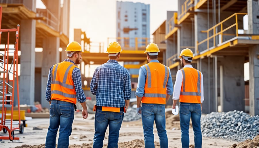 Electrician, plumber, and other specialty contractors collaborating on a construction project