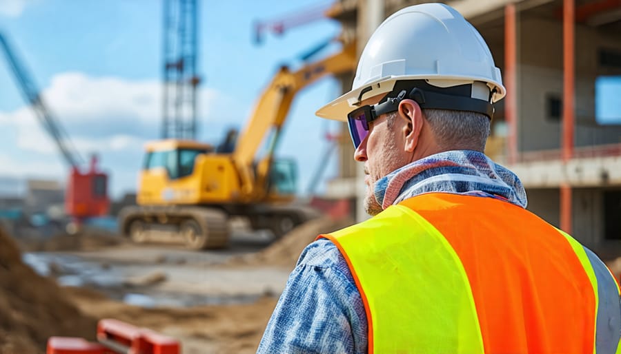 Construction worker in hard hat, safety vest, gloves, and safety glasses