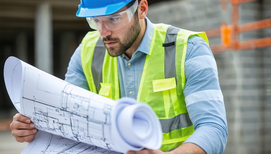 Construction worker reviewing blueprints for risk assessment