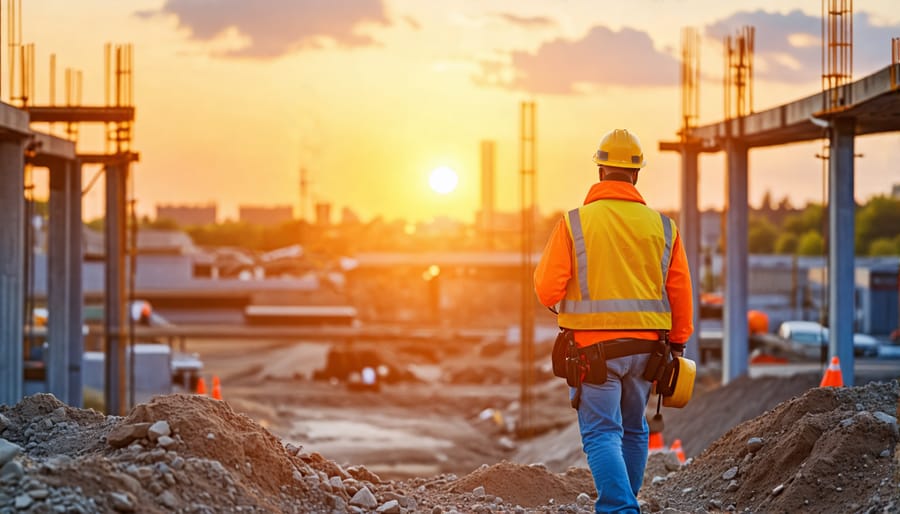 Worker in a hard hat and high-visibility vest adhering to safety regulations