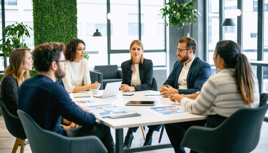 Professionals in a conference room reviewing sustainability data and charts