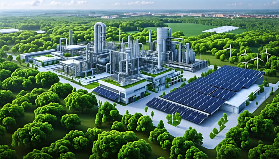 Illustration of a modern industrial facility incorporating sustainable energy solutions such as cogeneration, microgrids, solar power, and AI technology, set against an eco-friendly backdrop.