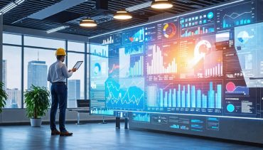 A construction professional analyzing a large digital display filled with graphs and data insights, symbolizing the integration of data-driven decision making in construction.