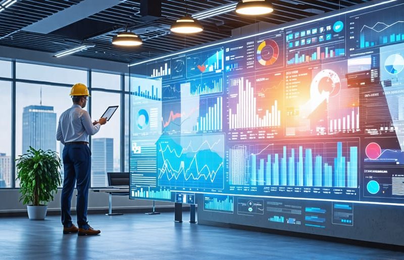 A construction professional analyzing a large digital display filled with graphs and data insights, symbolizing the integration of data-driven decision making in construction.