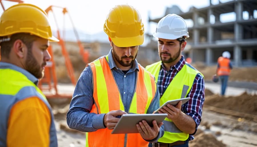 Builders collaborating with mobile devices and construction management software