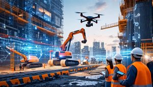 A futuristic construction site showcasing the integration of digital technologies, including drones, IoT sensors, and robotics, seamlessly working alongside human engineers and workers using digital tools like tablets and augmented reality glasses.