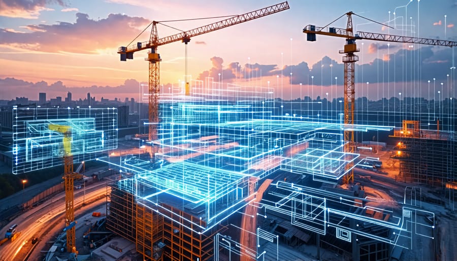 Illustration of a construction site with digital overlays showcasing real-time data integration, representing the concept of digital twin technology in construction.