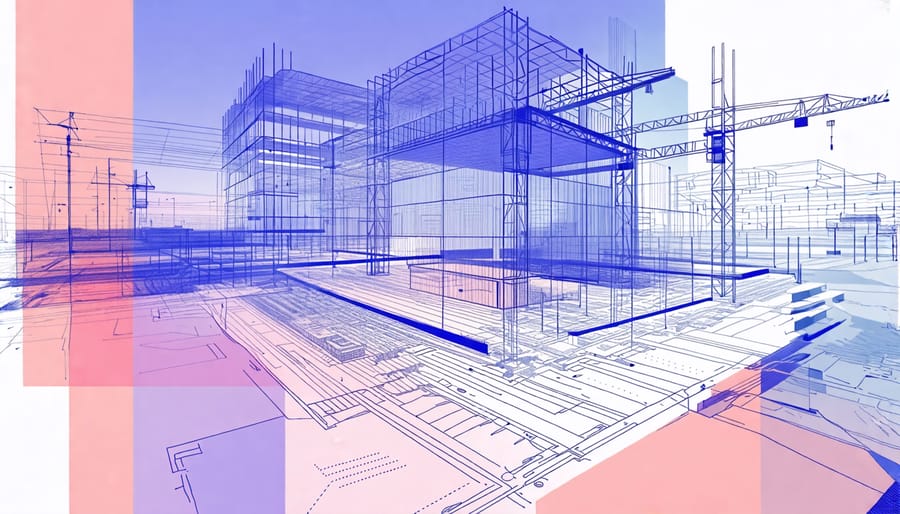 Digital twin model of a building under construction, demonstrating AI and simulation technology