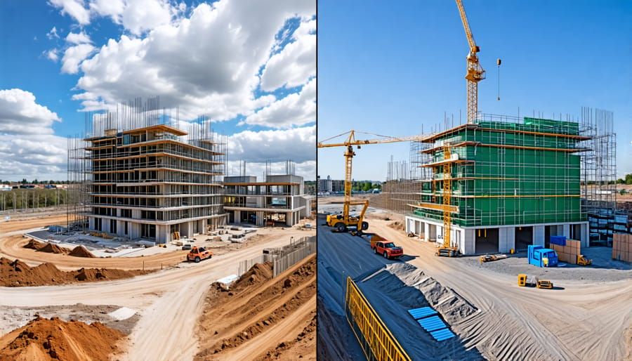 Side-by-side comparison of a real construction site and its digital twin