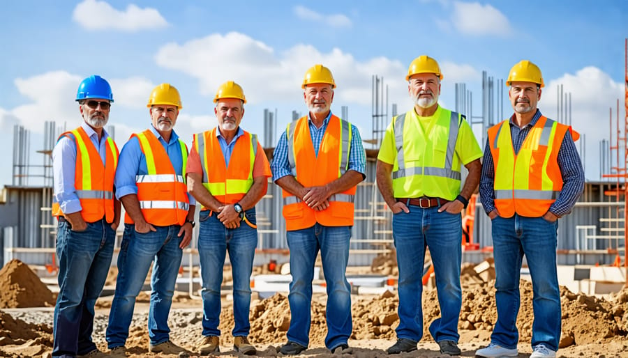 Diverse construction crew working together on a building project