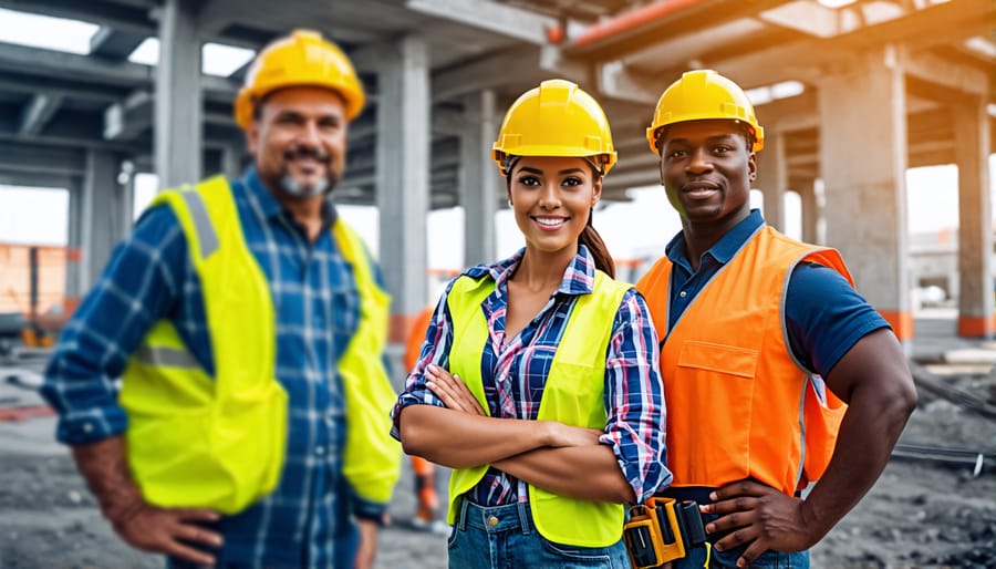 Multi-ethnic construction team wearing hard hats and safety vests