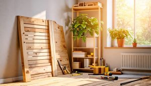 A cozy living room being transformed with DIY projects, featuring a wooden headboard, bookshelf, and window shelf planter surrounded by DIY tools.