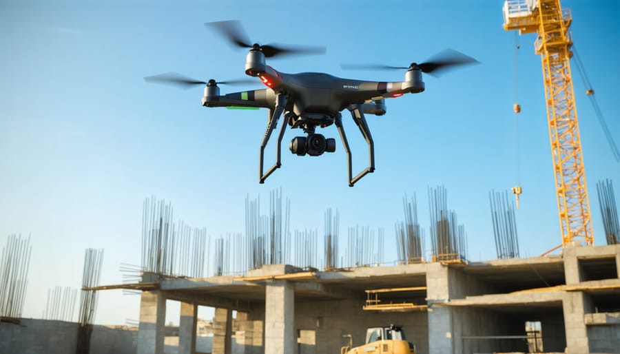 Drone surveying construction site from above