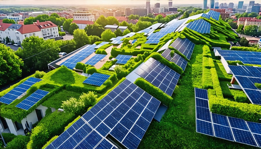 Aerial view of an eco-friendly urban area with green roofs and clean energy systems in place