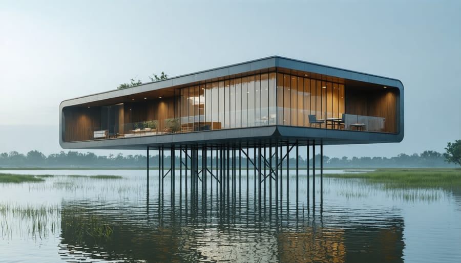 Climate-resilient building design with elevated structure on stilts