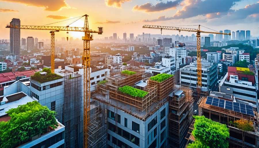 Cityscape of an emerging market showcasing a dynamic skyline with ongoing construction projects, highlighting the rapid urbanization and infrastructure development.