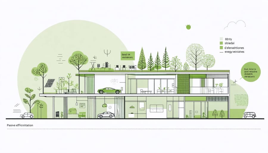 Illustration of a building incorporating energy-efficient design elements such as passive solar, natural ventilation, and green roof