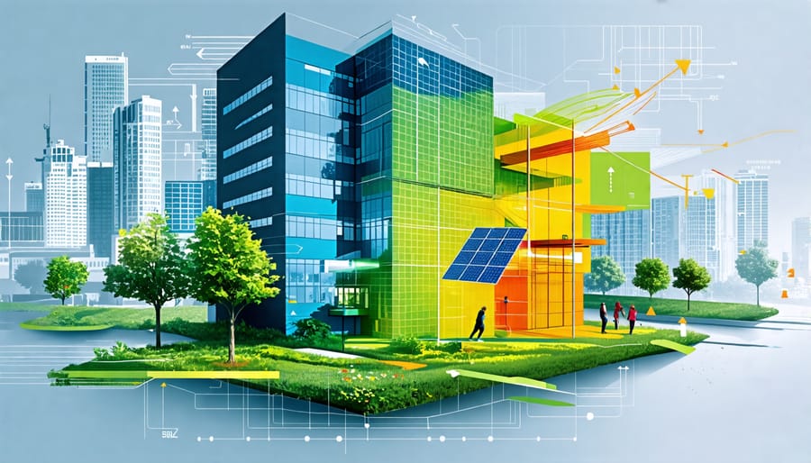 Conceptual image illustrating energy-efficient retrofits with layers of insulation, smart HVAC systems, LED lighting, and solar panels on a building, symbolizing enhanced energy flow and sustainability.