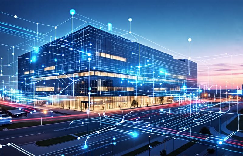 Conceptual illustration of an energy management system in a building, depicting interconnected sensors, control systems, and software interfaces, optimizing lighting and HVAC for energy efficiency.