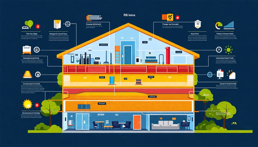 Cross-sectional view of a modern building with labeled layers of different insulation materials and their R-values, highlighting energy savings and environmental benefits.