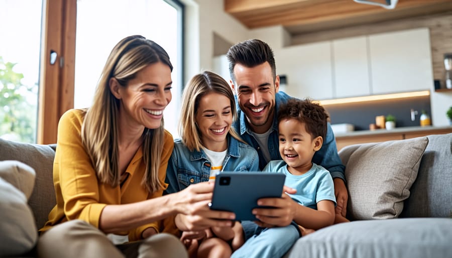 Happy family enjoying smart home features in their new home