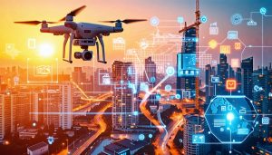 A futuristic collage showcasing various construction technologies like drones, robotics, 3D printing, BIM, and wearable tech against a cityscape background, illustrating the transformative changes in the industry.