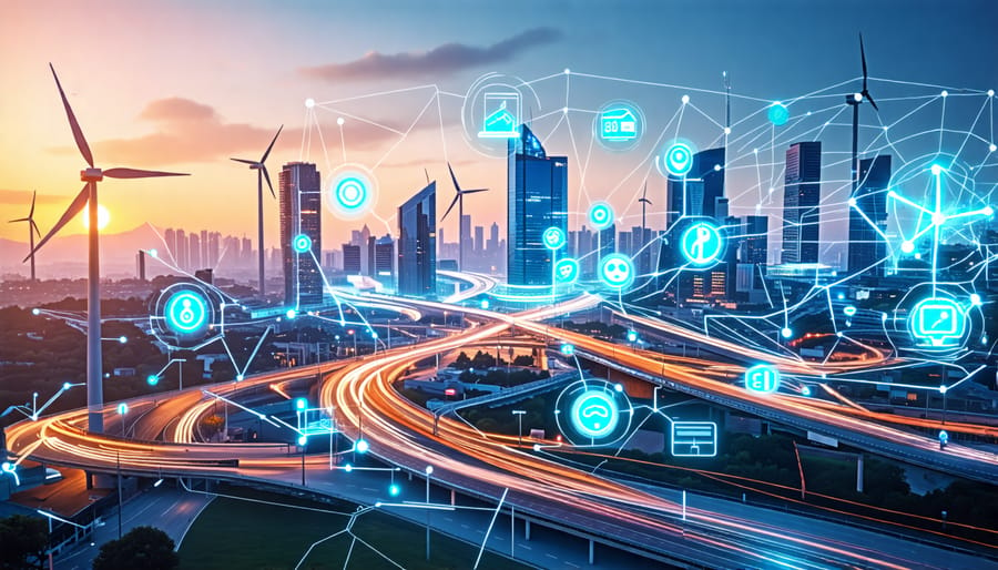 Illustration of a futuristic city with smart infrastructure showcasing interconnected roads, renewable energy sources, IoT devices, and AI-powered buildings, representing the integration and synergy within a smart urban ecosystem.