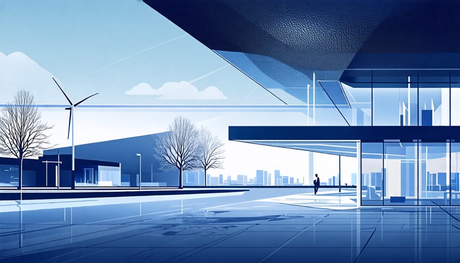 Futuristic depiction of advanced technologies enhancing zero energy buildings