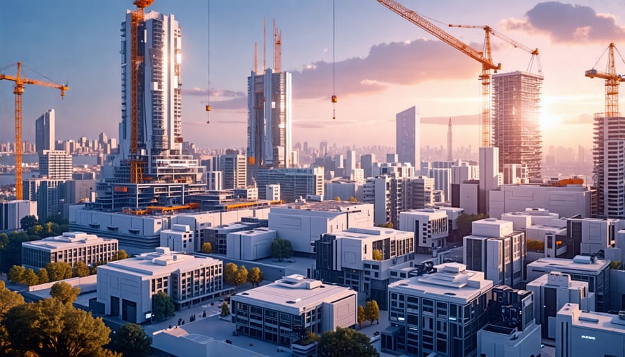 A futuristic city with buildings being constructed by advanced 3D printers and construction robots, illustrating the technological revolution in the construction industry.