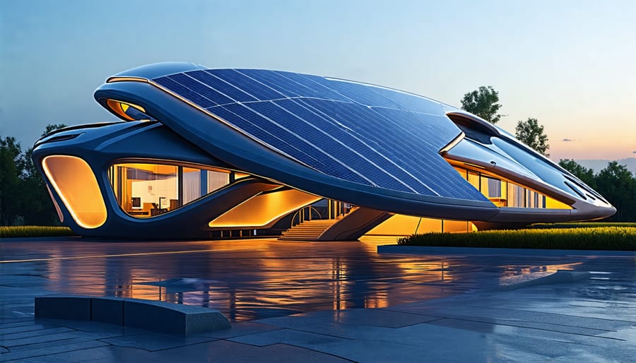 A futuristic building showcasing integrated solar panels and renewable energy features