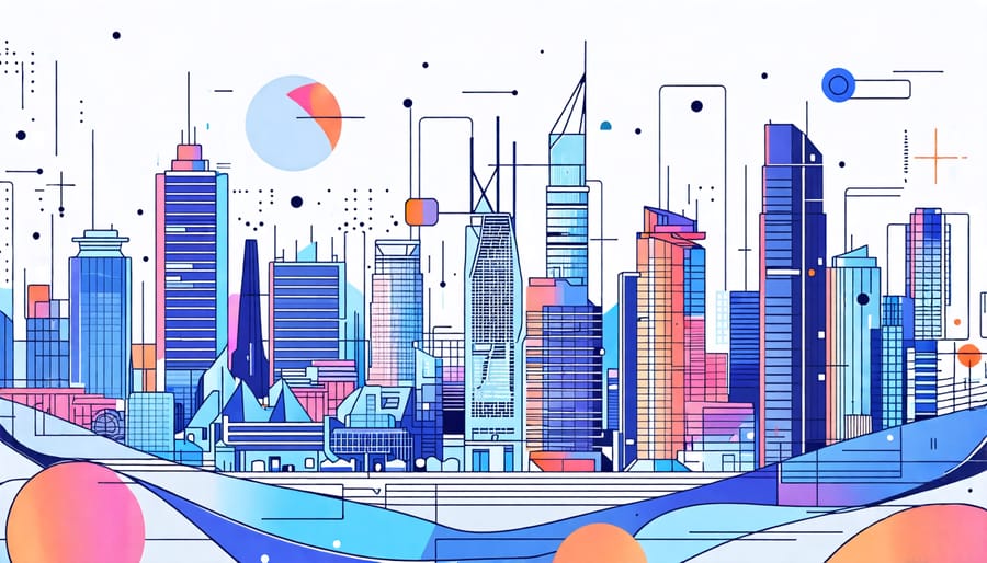 A futuristic city featuring smart buildings with integrated PropTech solutions