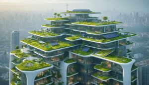 Conceptual image of a futuristic city with green roofs, elevated buildings, and aerodynamic forms, highlighting sustainable construction strategies for climate change adaptation.