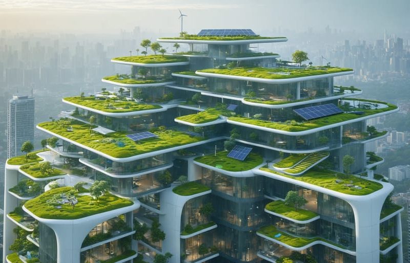 Conceptual image of a futuristic city with green roofs, elevated buildings, and aerodynamic forms, highlighting sustainable construction strategies for climate change adaptation.