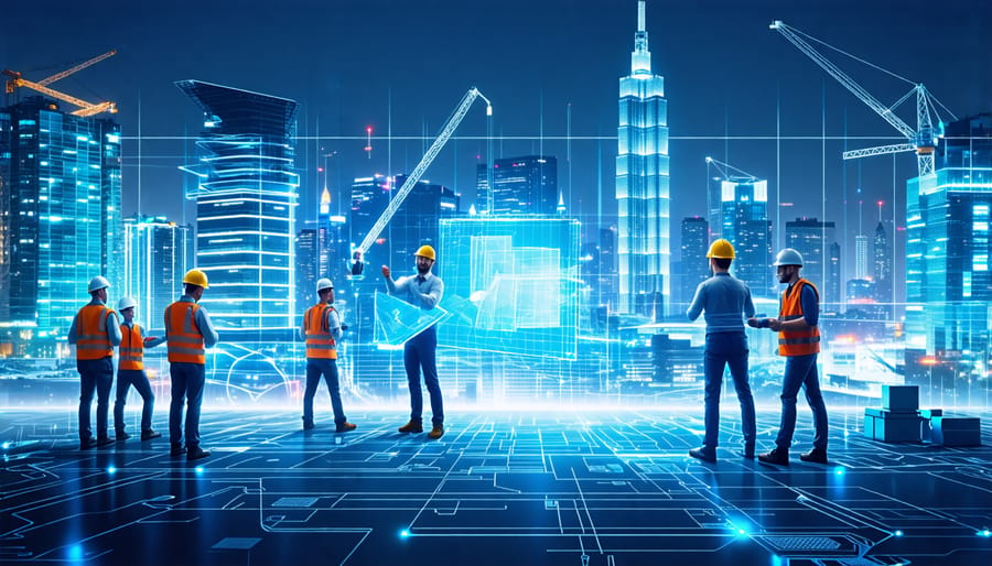 Illustration of construction professionals and researchers collaborating on futuristic building designs using holographic technology, symbolizing innovation and partnership in the construction industry.