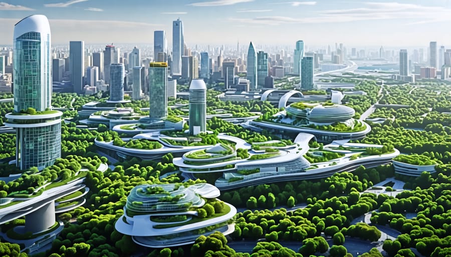 Futuristic cityscape highlighting advanced construction innovations including 3D printing, modular structures, robotics, and sustainable architecture.