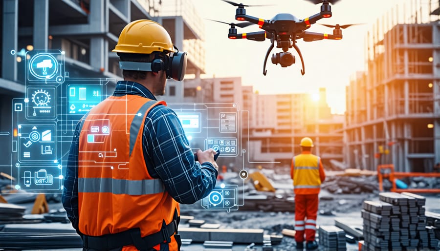 A futuristic construction site featuring a worker with IoT-driven smart helmet and vest, a drone surveying the site, a robotic assistant lifting materials, and tools for VR training, illustrating advancements in construction safety technology.