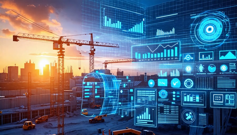 Futuristic construction site demonstrating project management automation with digital interfaces and holographic dashboards