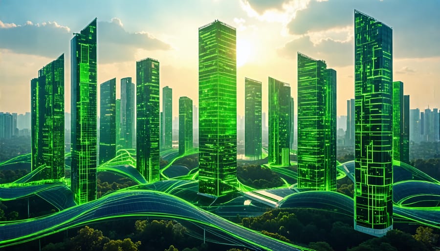 Visual representation of a future skyline with green skyscrapers utilizing renewable energy technologies