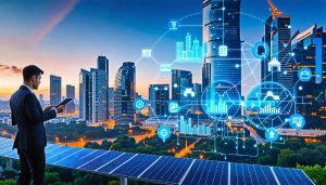 A futuristic city skyline with smart buildings integrating IoT sensors and solar panels, representing PropTech advancements and sustainable construction practices with professionals analyzing data on tablet devices.