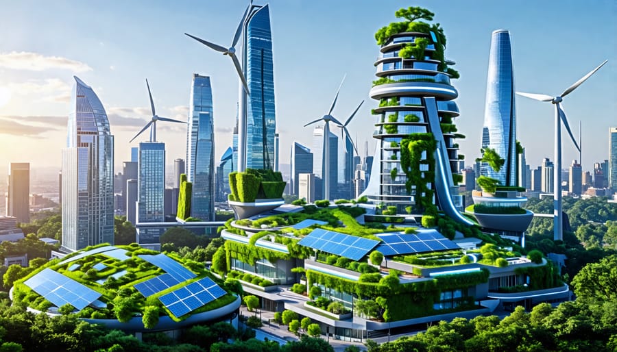 An illustration of a futuristic city skyline showcasing buildings integrated with solar panels, wind turbines, green roofs, and vertical gardens, representing the fusion of renewable energy technologies and sustainable design.