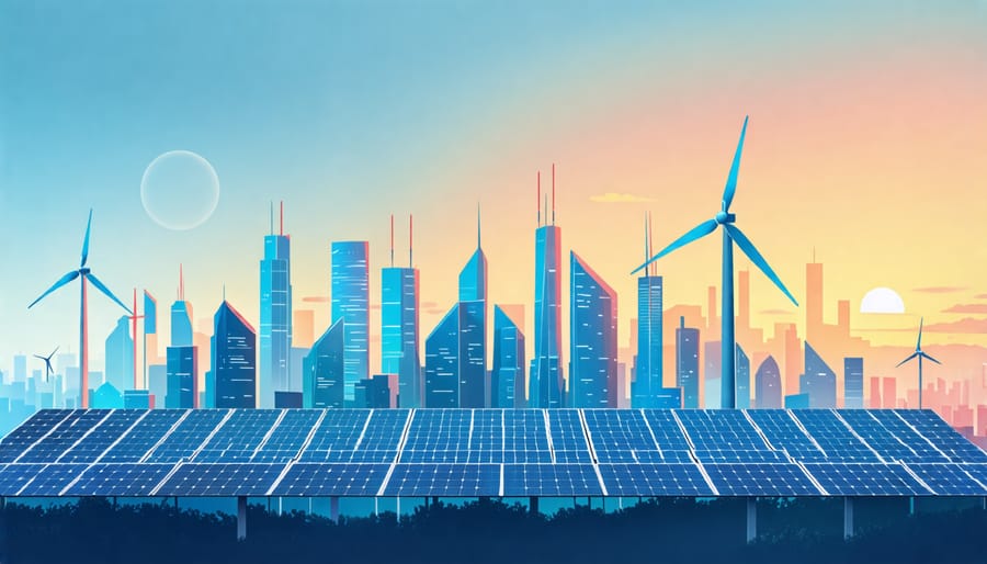 Futuristic urban skyline featuring solar panels and wind turbines symbolizing renewable energy solutions in cities