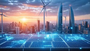 Futuristic cityscape with modern buildings featuring resilient technology elements like solar panels and wind turbines, with architects and engineers collaboratively reviewing blueprints on a digital table.