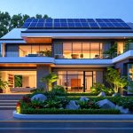 Exterior of a modern, futuristic smart home with integrated technologies like automated lighting and solar panels amidst lush greenery.