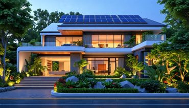 Exterior of a modern, futuristic smart home with integrated technologies like automated lighting and solar panels amidst lush greenery.