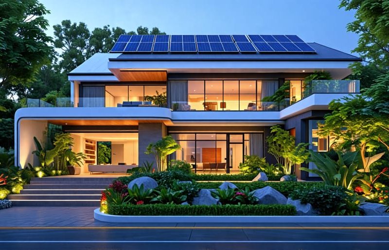 Exterior of a modern, futuristic smart home with integrated technologies like automated lighting and solar panels amidst lush greenery.