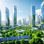 A futuristic cityscape highlighting green walls, urban parks, solar panel buildings, and smart city technology, representing innovative urban design trends.