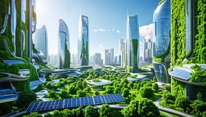 A futuristic cityscape highlighting green walls, urban parks, solar panel buildings, and smart city technology, representing innovative urban design trends.