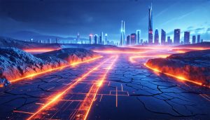 Conceptual illustration depicting the use of geothermal energy to power a futuristic city, with glowing pathways beneath the earth connecting to the urban skyline, symbolizing the integration of sustainable energy in construction.