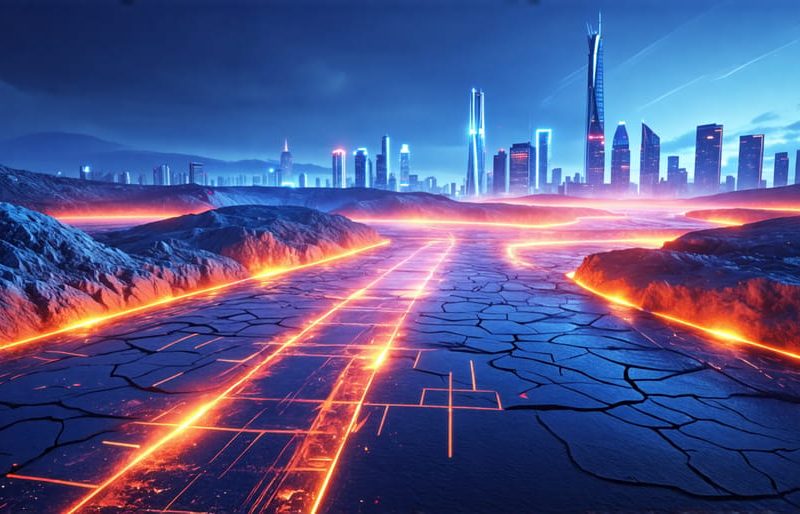 Conceptual illustration depicting the use of geothermal energy to power a futuristic city, with glowing pathways beneath the earth connecting to the urban skyline, symbolizing the integration of sustainable energy in construction.