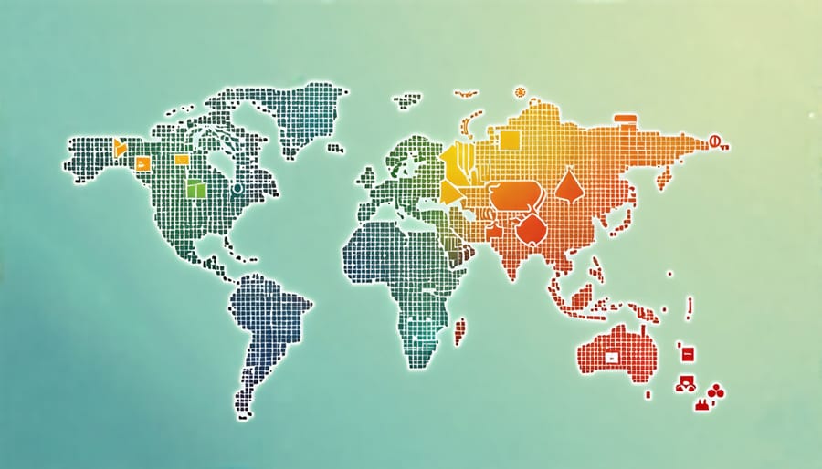 World map with renewable energy icons representing global energy policy trends